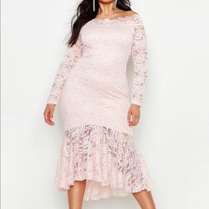 Blush Pink Bardot Lace Midi Dress